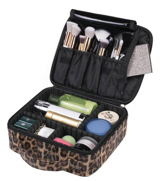 Leopard Print Leather Cosmetic Makeup Bag with Adjustable Dividers