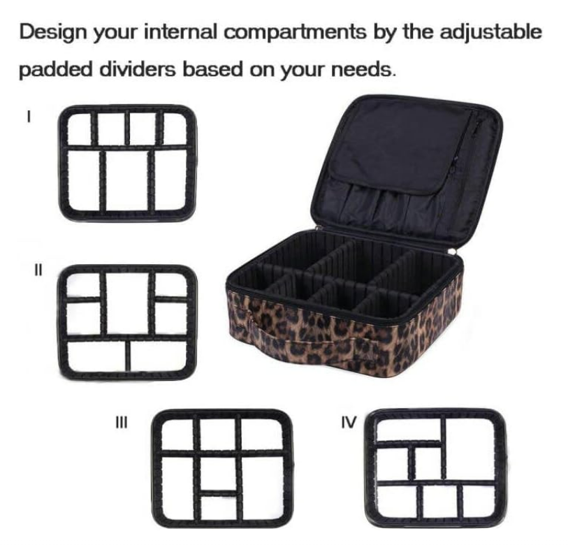 Leopard Print Leather Cosmetic Makeup Bag with Adjustable Dividers