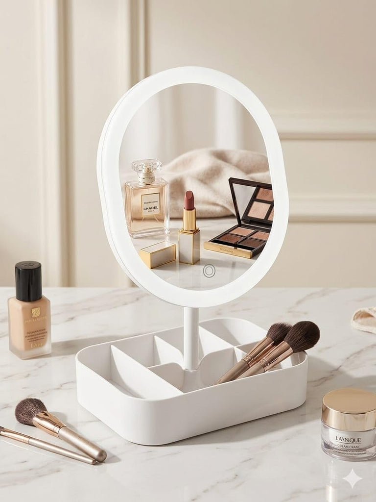 LED Mirror Oval Shape with M.T Container – Makeup & Storage Solution