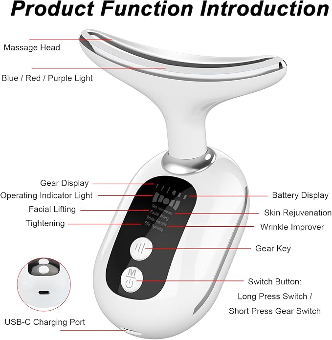 Beauty Device for Face & Neck – Anti-Wrinkle & Skin Tightening with 3 Light Modes