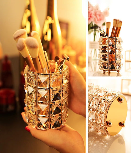 handcrafted Crystal Makeup Brush Holder Organizer brings luxury, sparkle, and organization