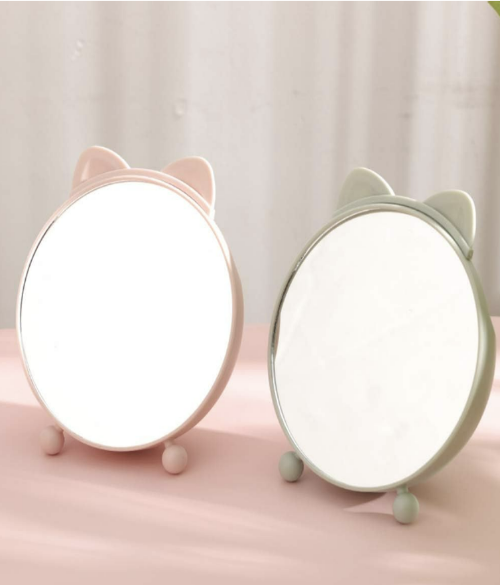Round Desktop Cosmetic Mirror with Cat Ear Comb