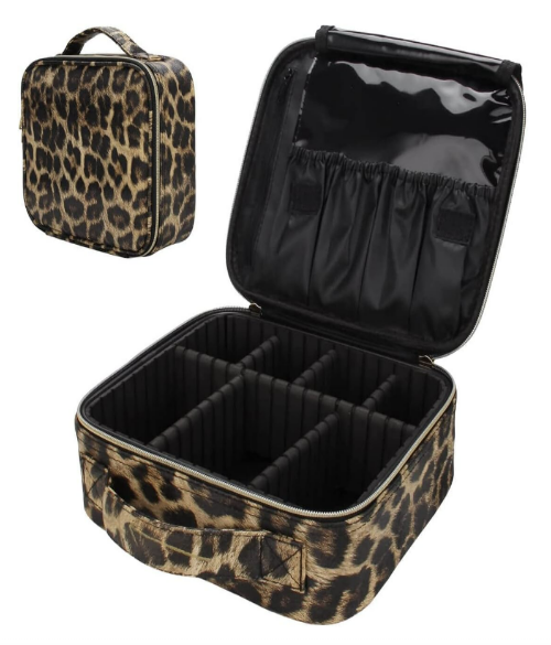 Leopard Print Leather Cosmetic Makeup Bag with Adjustable Dividers