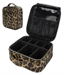 Leopard Print Leather Cosmetic Makeup Bag with Adjustable Dividers