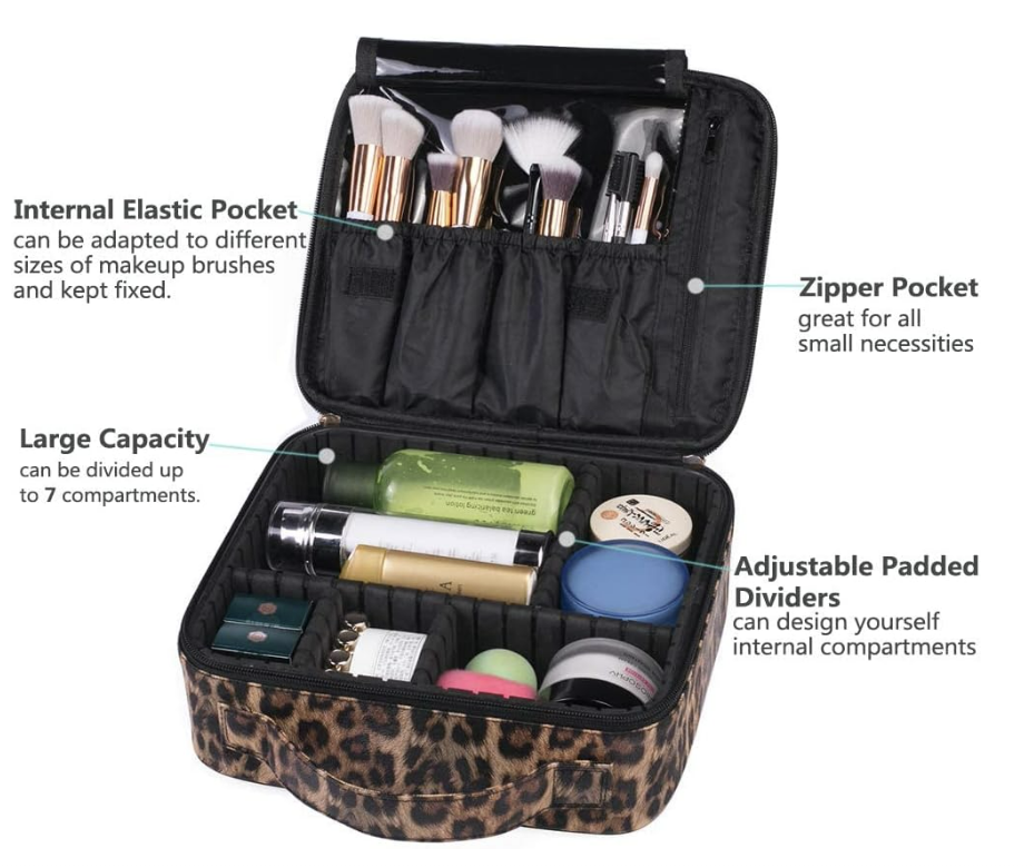 Leopard Print Leather Cosmetic Makeup Bag with Adjustable Dividers