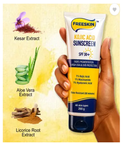 Free Skin Sunscreen - SPF 30+ PA+++ Kojic Acid Fades Pigmentation & Dark Spots High UVA Shield (200 g)