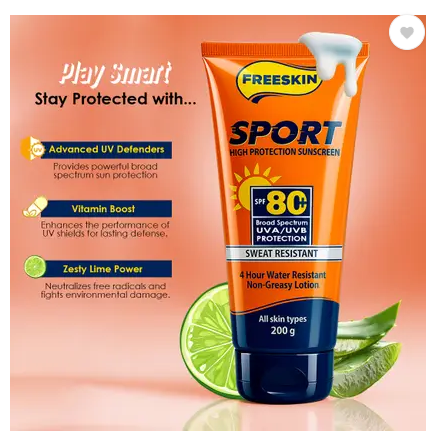 Free Skin Sunscreen - SPF 80+ PA+++ Sport High Protection Broad Spectrum UVA/UVB Protection Sweat Resistant (200 g)