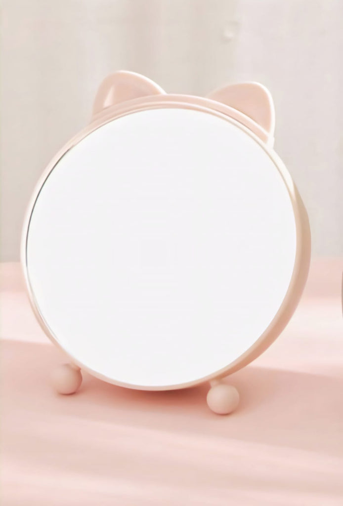 Round Desktop Cosmetic Mirror with Cat Ear Comb