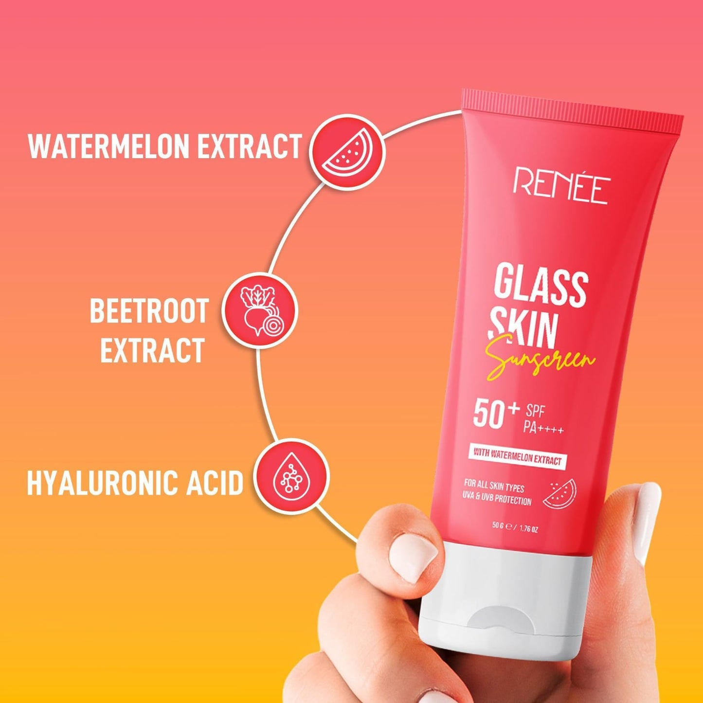 RENEE Glass Skin Sunscreen, SPF 50+ PA++++, Watermelon Extract, All Skin Types, 50g