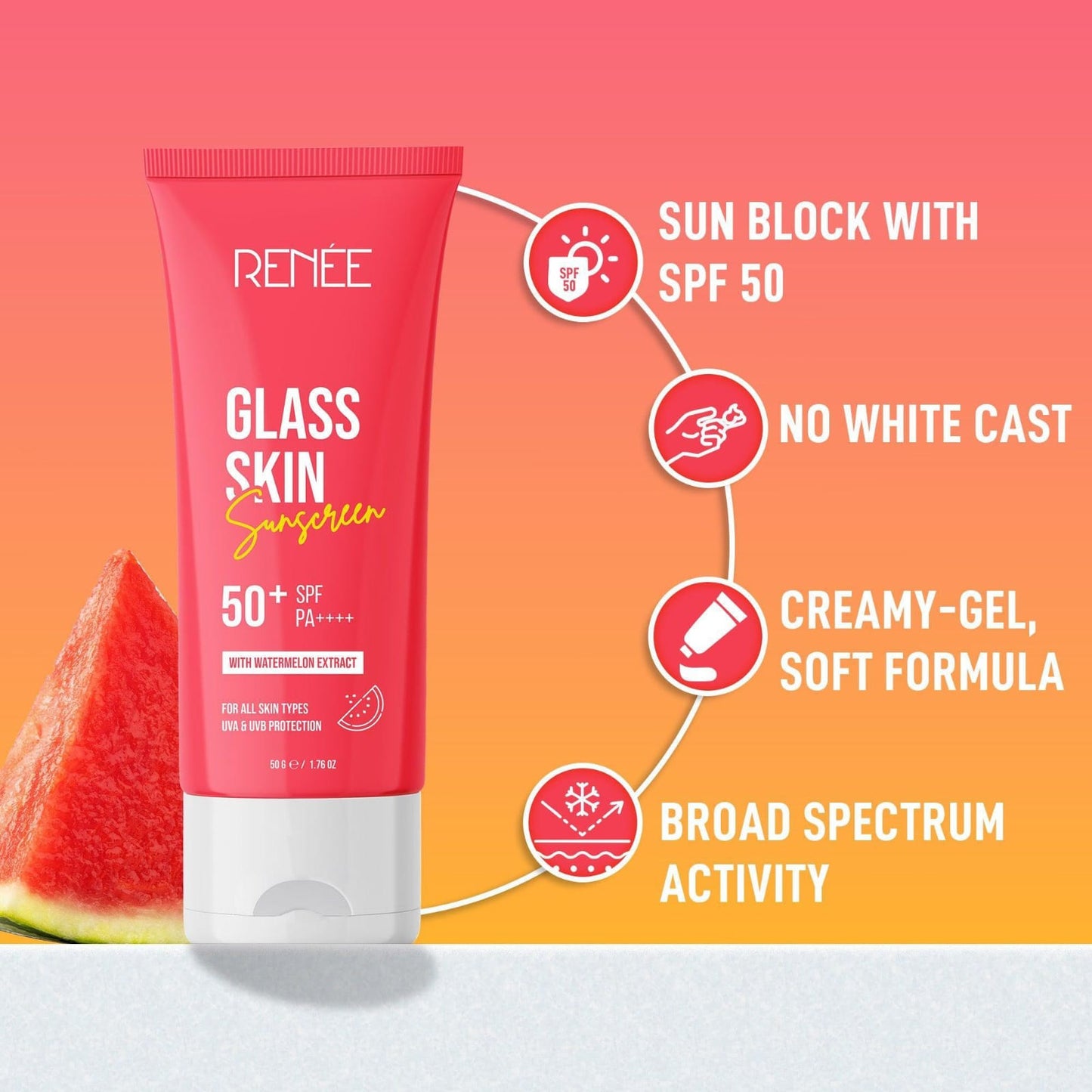 RENEE Glass Skin Sunscreen, SPF 50+ PA++++, Watermelon Extract, All Skin Types, 50g
