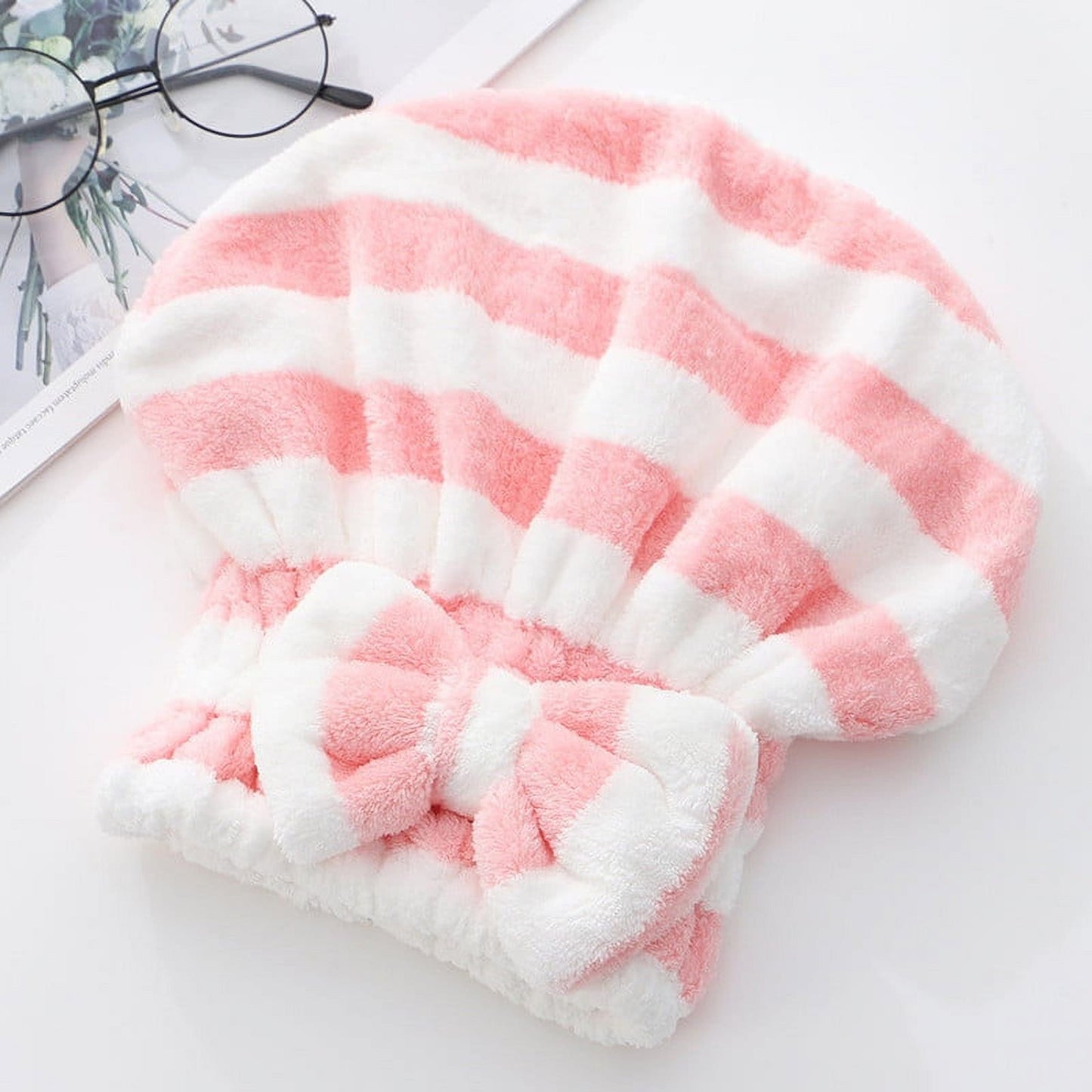 Hair Drying Towel Wrap with Bow-Knot & Shower Cap Set !