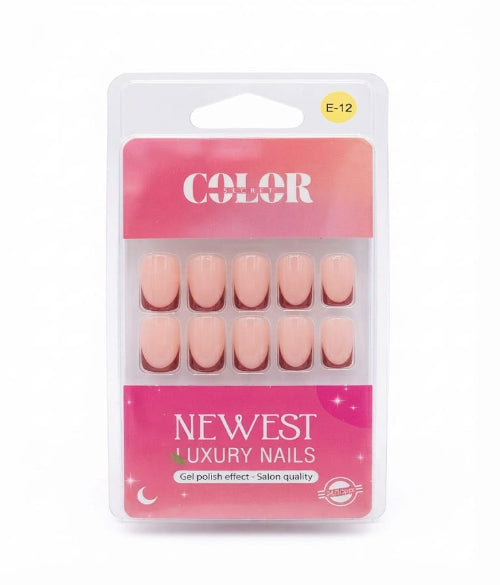 Color Secret Newest Luxury Nails featuring a glossy nude base with deep red French tips.