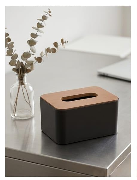 Tissue Storage Box with Square Shape Wooden Cover Plastic Tissue Box Holder